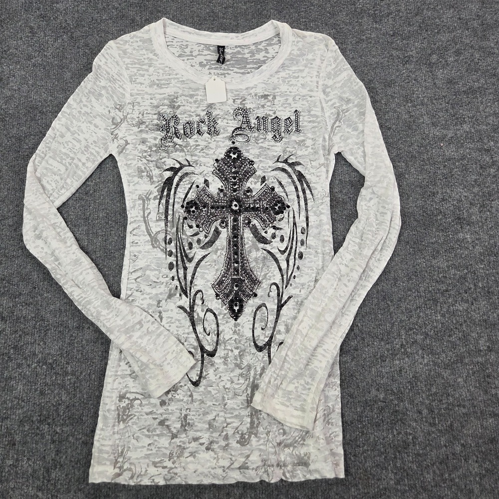 Vintage Y2K Sheer Embellished Studded Long Sleeve Rock Angel Large